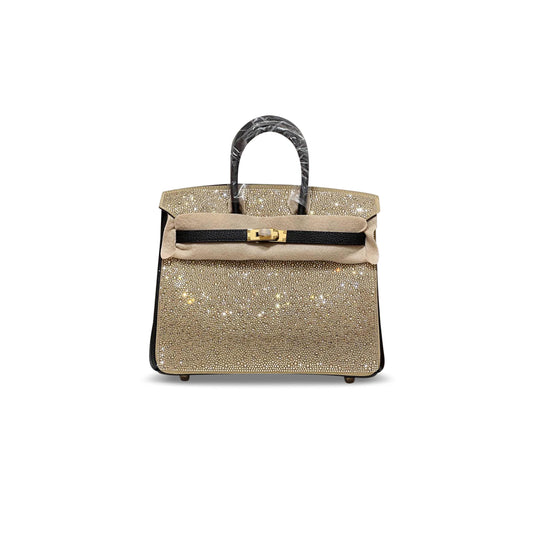 H**mes MASTER BIRKIN 25 BLACK TOGO WITH RHINESTONE SUEDE GOLD HARDWARE (25*20*13cm)