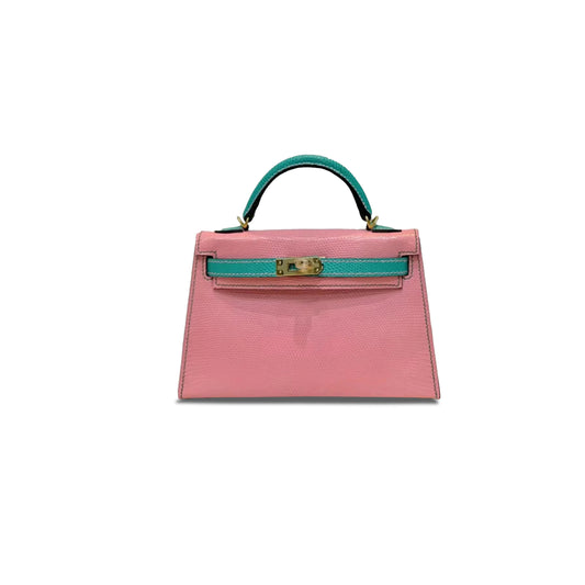 H**mes master mini kelly ii rose lipstick and vert vertigo chevre brushed gold hardware 378842 (19*12*5.5cm)
