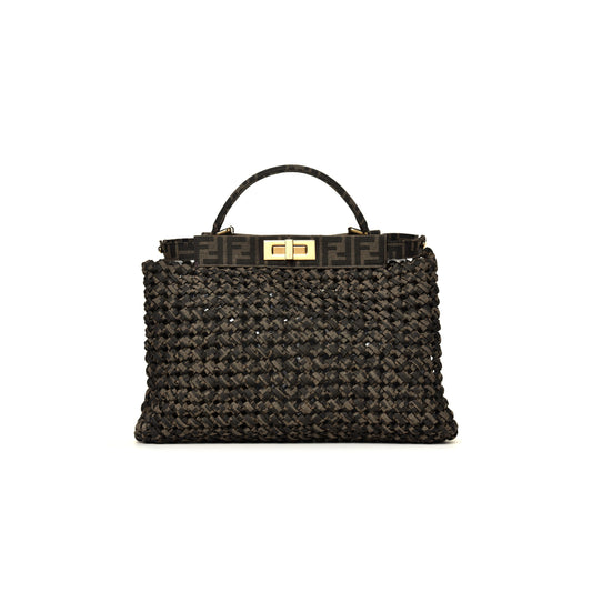 F**di fabric jacquard ff 1974 woven knotted medium peekaboo iconic satchel tobacco moro (34*25*13cm)
