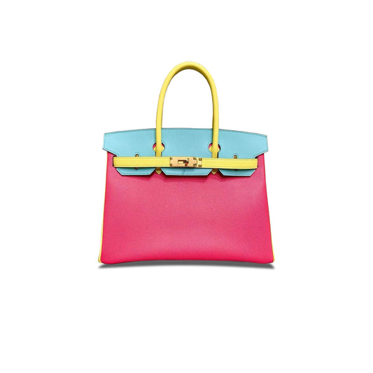 H**mes birkin 30 epsom rose red macaron with lemon yellow gold buckle h028369ck23 (30*23*15cm)
