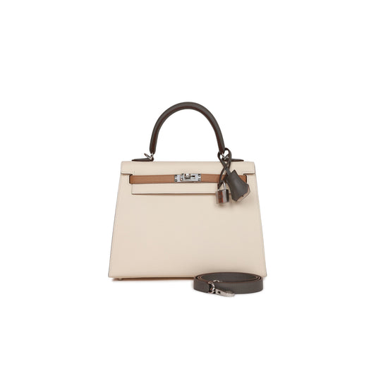 H**mes kelly sellier 25 tri-color nata, chai and gris meyer epsom palladium hardware (25*17*7cm)