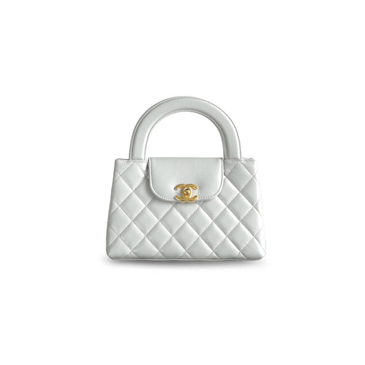Ch*el master kelly shopper milk gray glossy distressed calfskin brushed gold hardware as4416 (19*13*7cm)