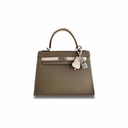 H**mes master kelly 25 epsom milkshake white with pewter gray silver buckle (25*17*7cm)