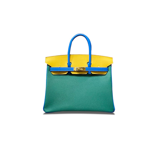 H**mes master birkin 25 epsom malachite green aqua blue and amber yellow with gold buckle h028362cc05 (25*18*13cm)