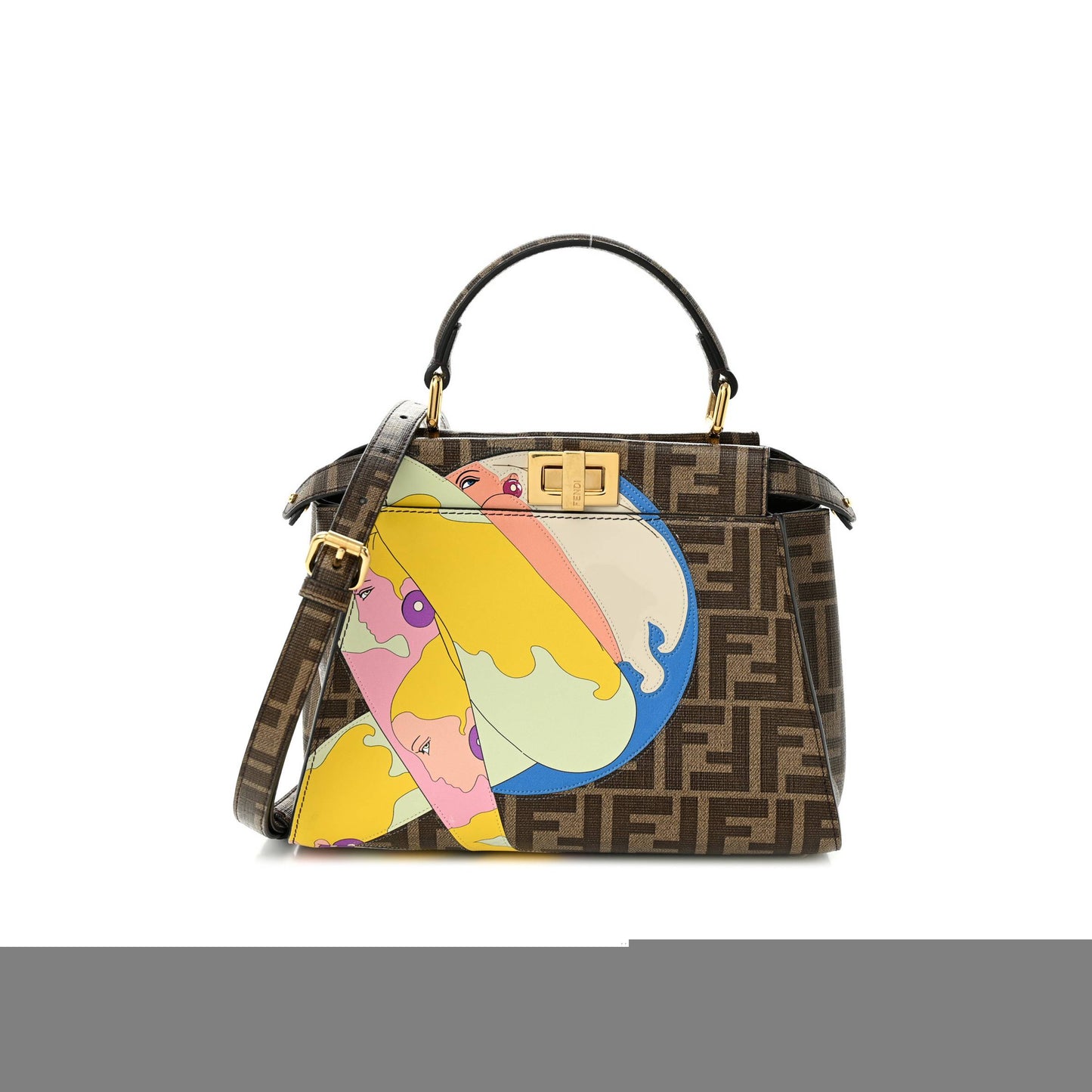 F**di glazed fabric vitello ff 1974 hairdo girls inlay mini peekaboo iconic satchel mogano panna multicolor (23*18*13cm)