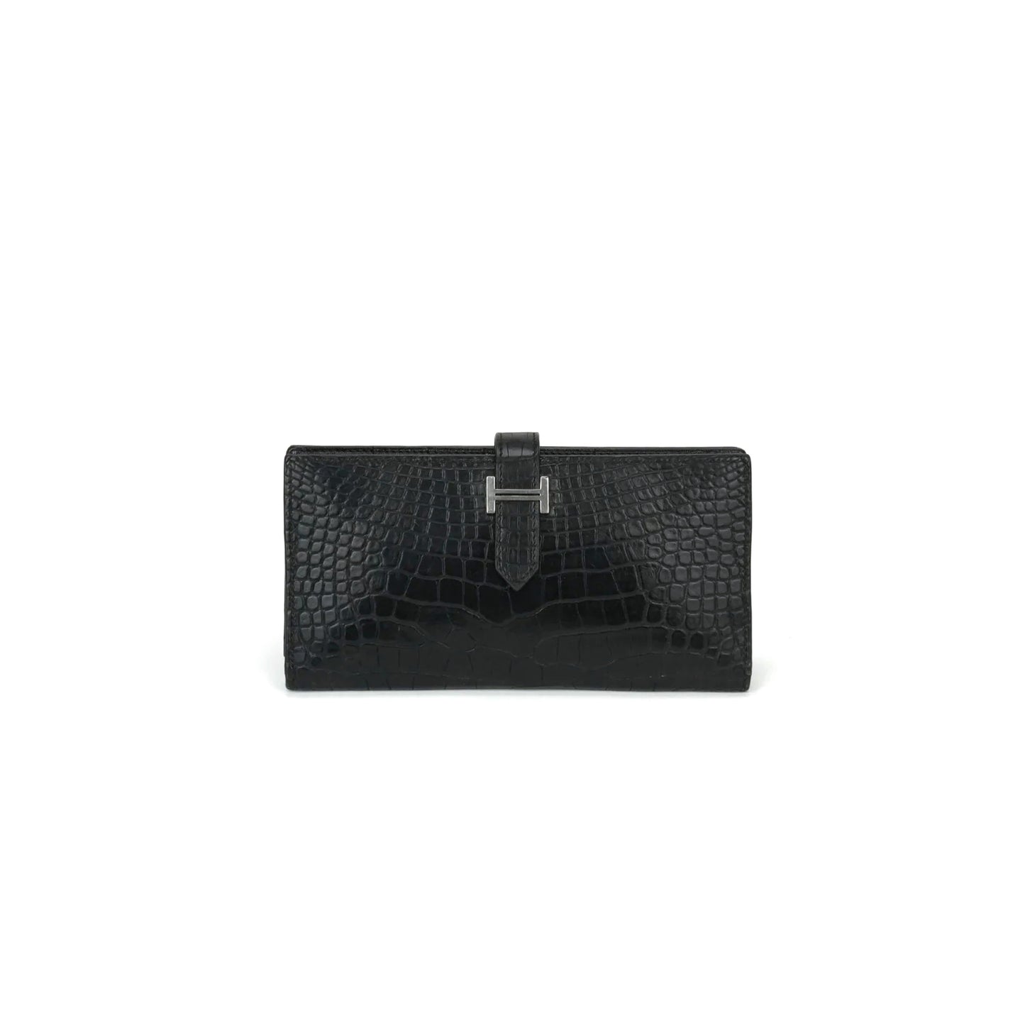 H**mes BEARN SOUFFLET LONG WALLET IN ALLIGATOR AND CROCODILE LEATHER WITH BLACK AND SILVER HARDWARE (17.5*9cm)