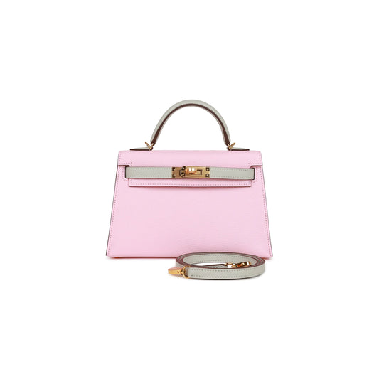 H**mes mini kelly ii rose sakura and gris perle chevre gold hardware (19*12*5.5cm)