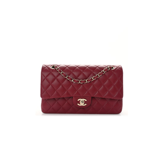 Ch*el calfskin quilted medium double flap dark red rose gold hardware (25*15*6cm)