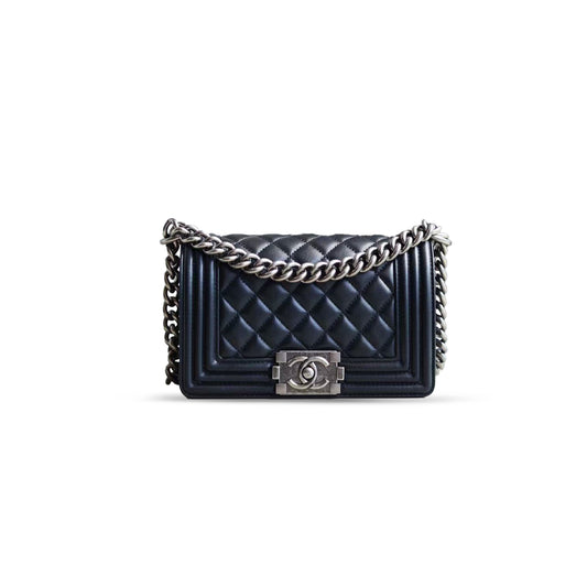 Ch*el small boy Ch*el handbag lambskin & ruthenium-finish metal black a67085 (20.5*12*8.5cm)