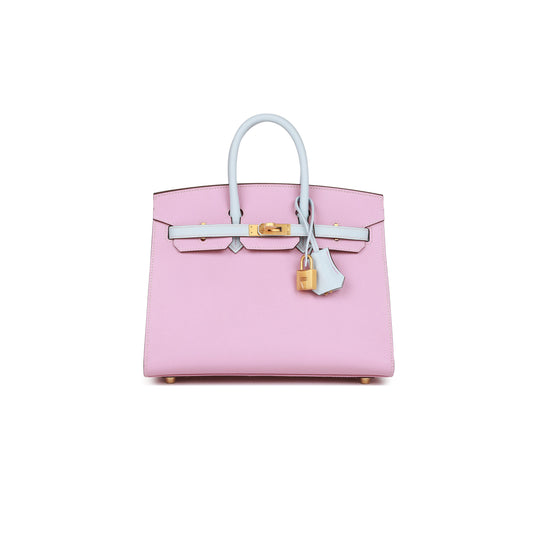 H**mes master birkin 25 epsom leather 3q pink haze blue gold buckle 4328054179 (25*20*13cm)