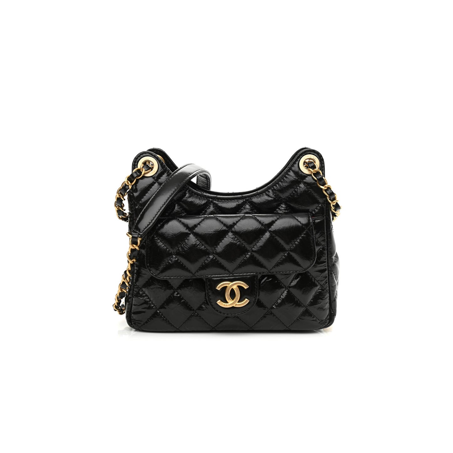 Ch*el shiny crumpled calfskin quilted small hobo black (18*15*6cm)
