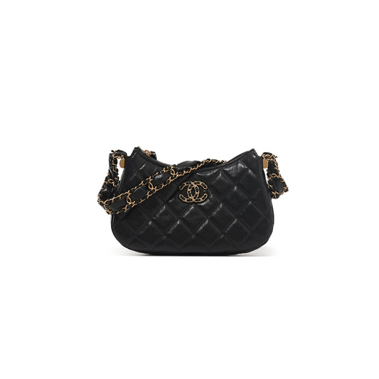 Ch*el black quilted lambskin hobo bag brushed gold hardware (20.5*12*4.5cm)
