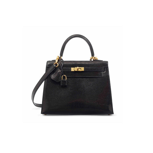 H**mes master kelly 25 black lizard leather gold buckle (25*17*7cm)