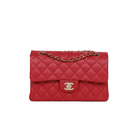 Ch*el small classic double flap dark pink caviar light gold hardware (23*13*6cm)