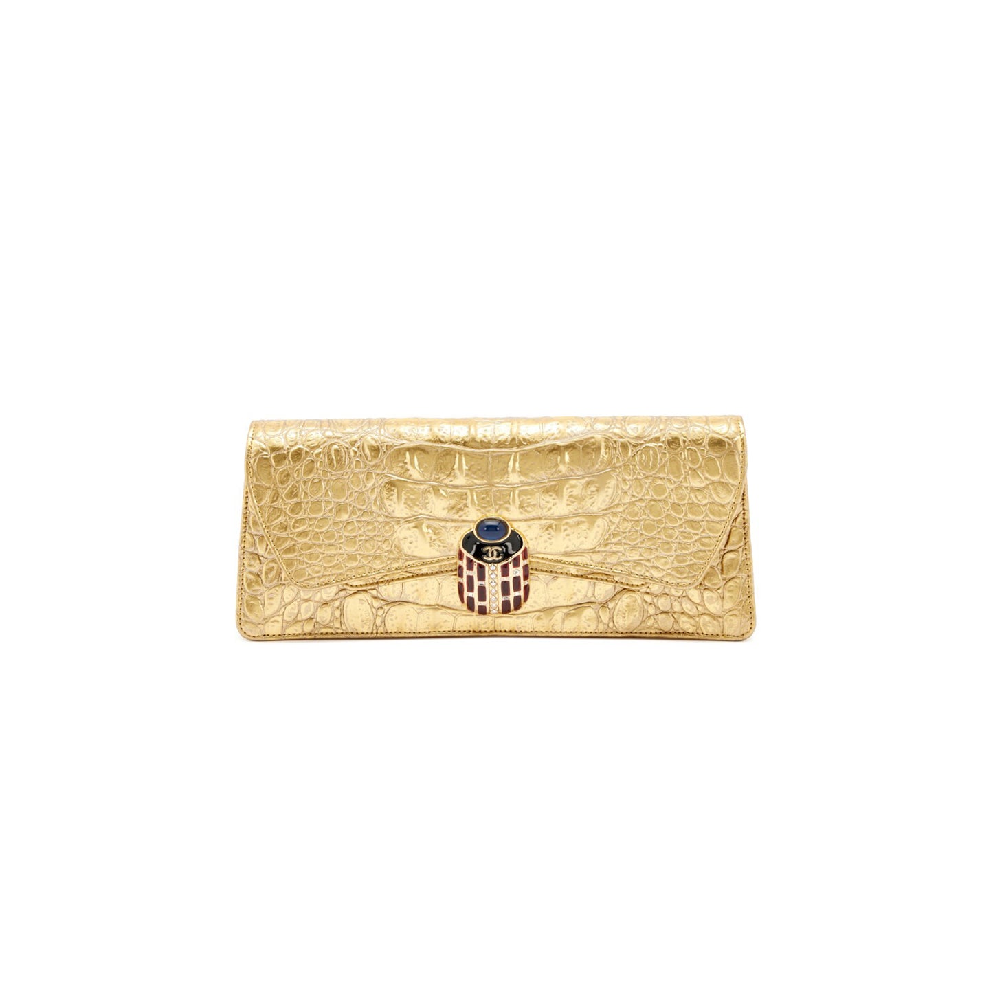 Ch**el 19a crocodile embossed gold jeweled scarab clutch bag ti9 784893 (30*13*5cm)