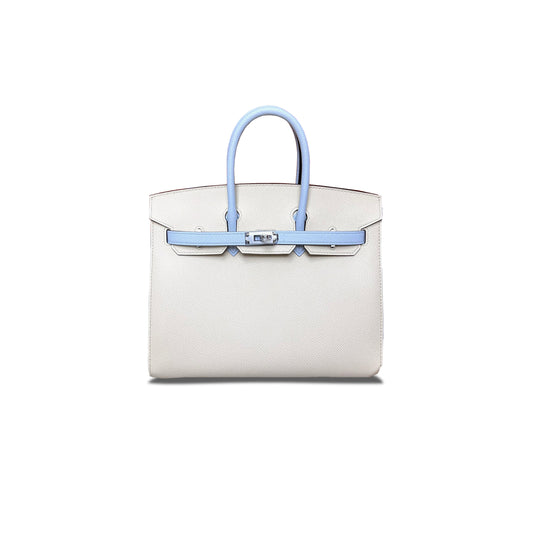 H**mes master birkin 25 epsom cream white and mist blue silver buckle h028369ck2v (25*18*13cm)