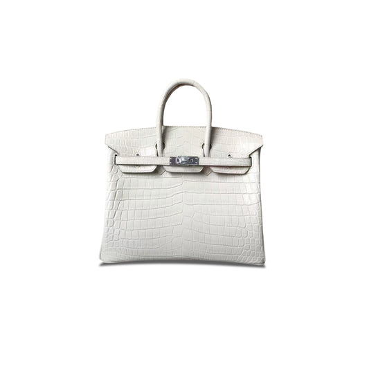 H**mes master birkin 25 8l cream white matte crocodile silver buckle bag 4034389225 (25*20*13cm)