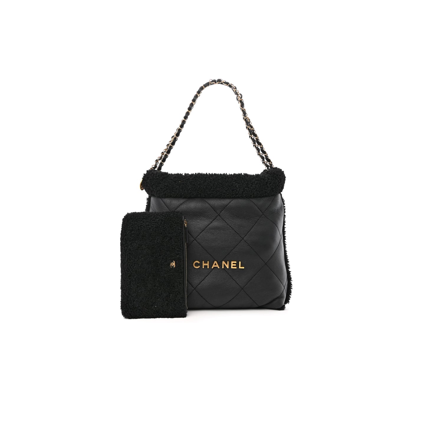Ch*el master aged lambskin shearling quilted small Ch*el 22 black as3260 (30*30*8cm)