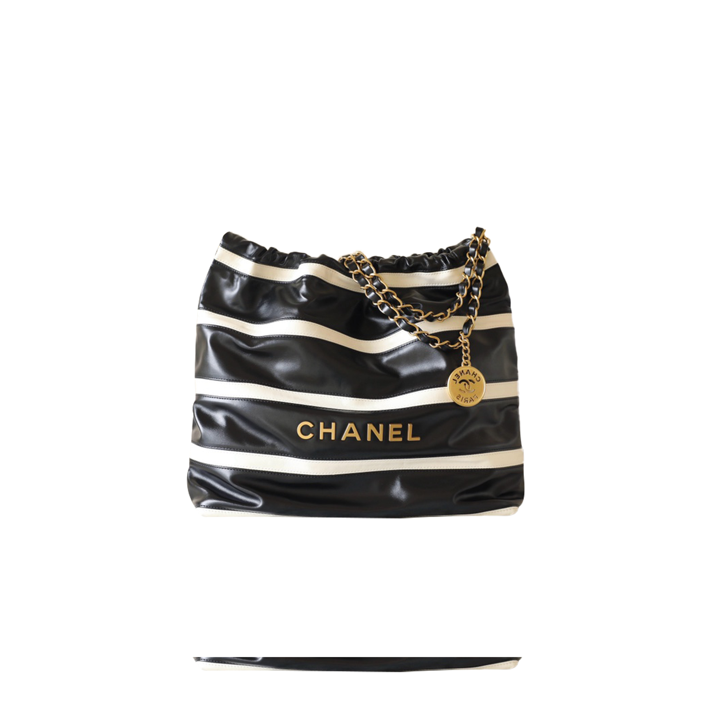 Ch*el master shiny calfskin striped small Ch*el 22 black white as3260 (37*35*7cm)